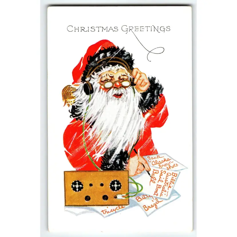 Santa Claus Christmas Postcard Saint Nick Using Ham Radio Writing Notes Embossed