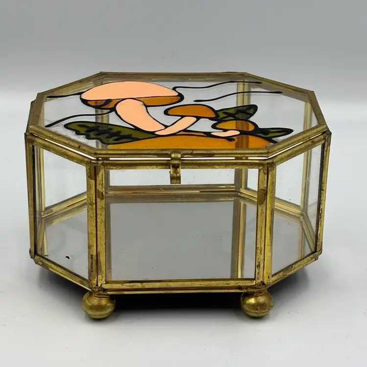 Mushroom Lidded Glass Footed Trinket Box 3”x4.5”