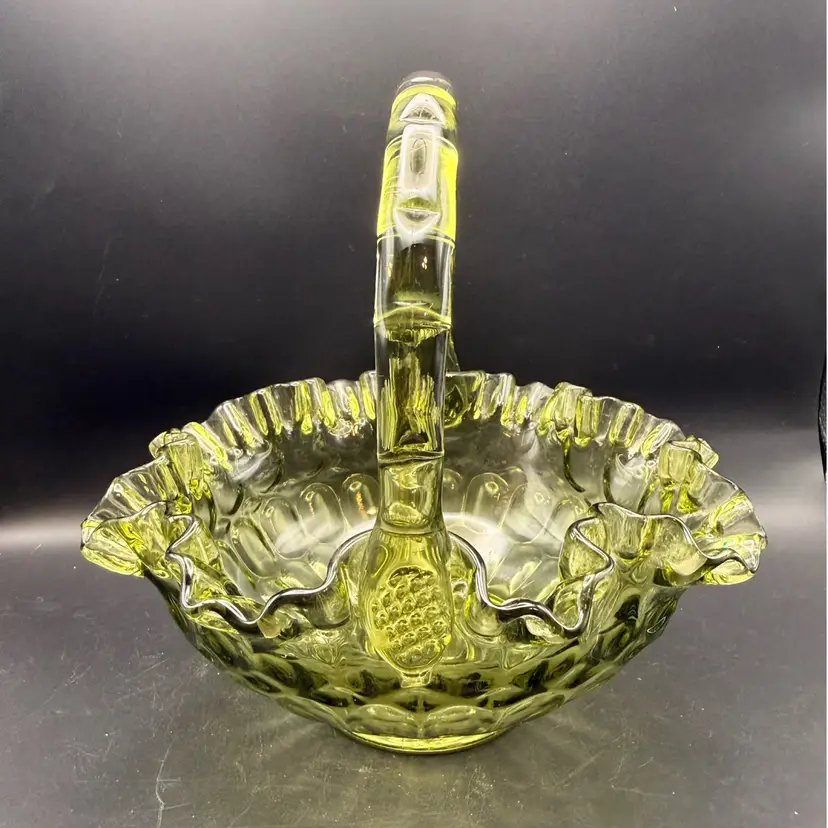 Fenton Thumbprint Green Glass Basket With Ruffled Edges And Crimped Handle