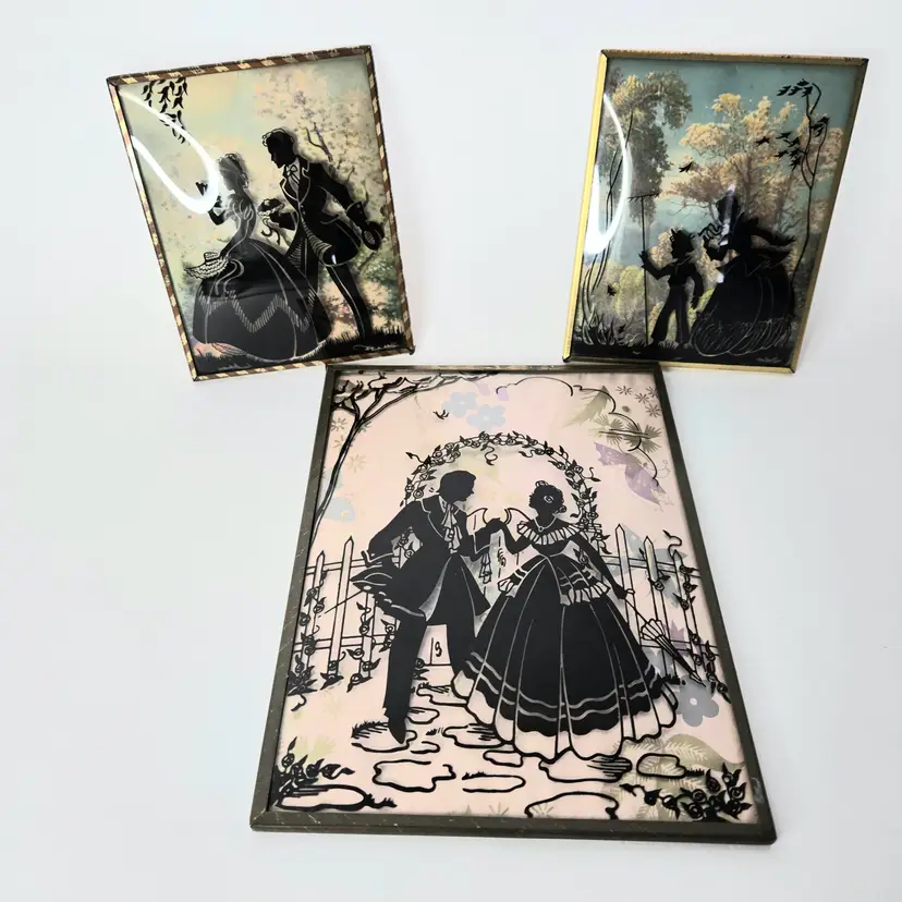 198  Reverse Silhouette Victorian Paintings Convex Glass VTG 1940s Set of 3