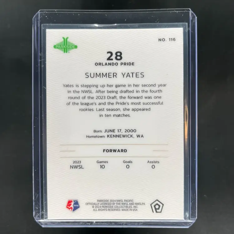 Summer Yates 2024 Parkside Pacific NWSL Pink 10/25 Soccer Card