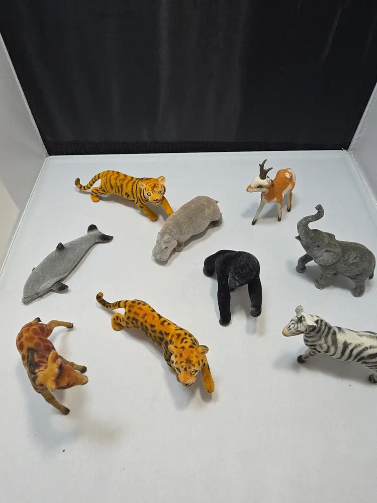 Vintage Flocked Animal Figurine Lot of 9 Zoo Wildlife Figures