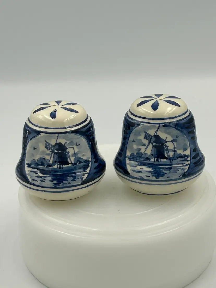 Vintage Blue And White Delft Salt And Pepper, Shakers, Windmill, And Floral Design