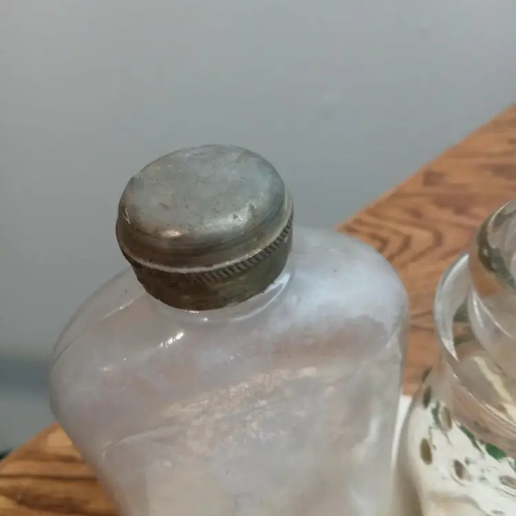 Antique 3 Glass Bottles Brass Cap Quake Druggist Apotheosis Pharmacy 1900's