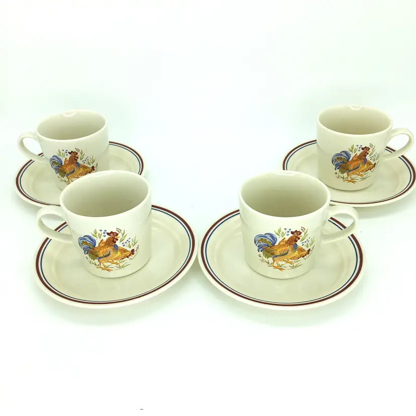 Corelle Coordinates Country Morning Rooster Chicken Cups Saucers Set of 4