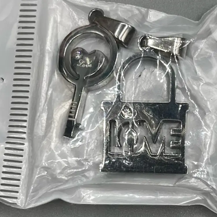 Stainless Steel Silver Color Key & Lock Couple Necklaces With Cz Set