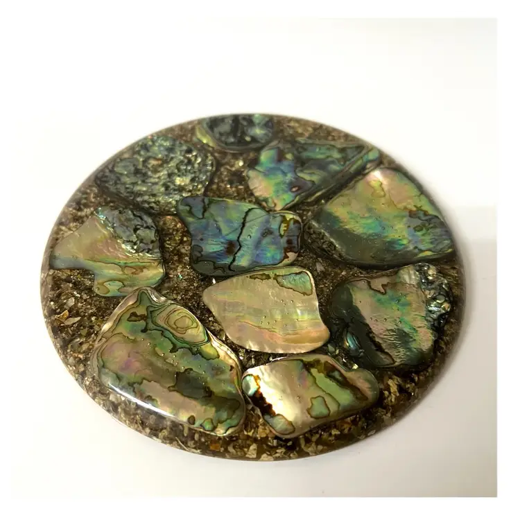 Plympton's Abalone Shell Mother of Pearl Lucite Acrylic Round Trivet 5.5 in Diameter