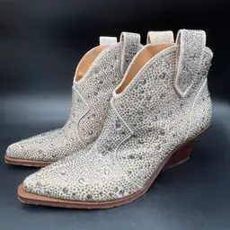 JESSICA SIMPSON 7.5 ZADIE 2 RHINESTONE GOLD SEQUIN BLING GLAM ANKLE BOOTS