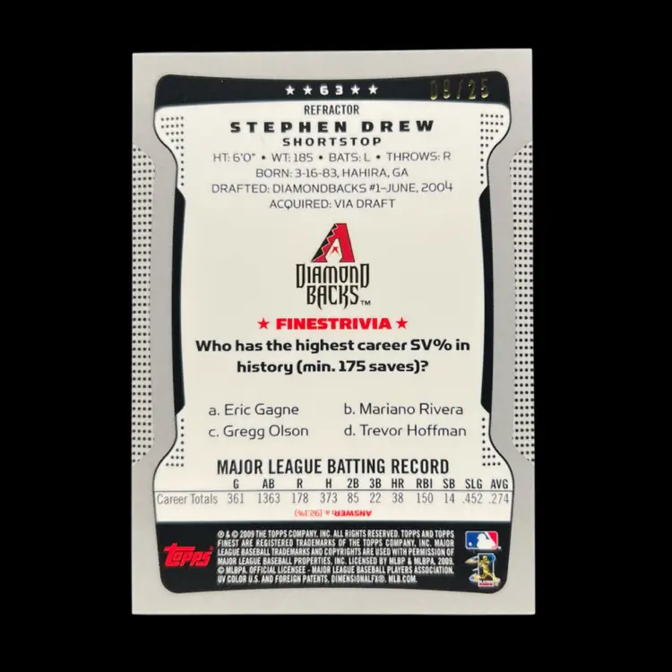 Stephen Drew 2009 Topps Finest Red Refractor /25 Baseball Card