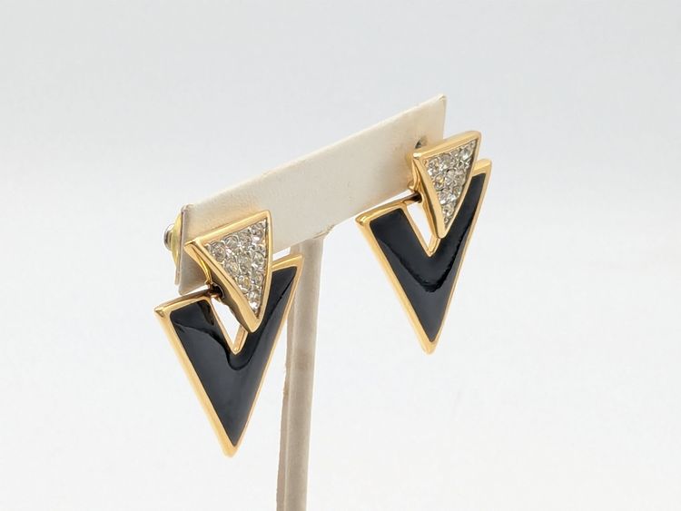 Vintage Gold Tone Rhinestone Black Enamel V Door Knocker Earrings
