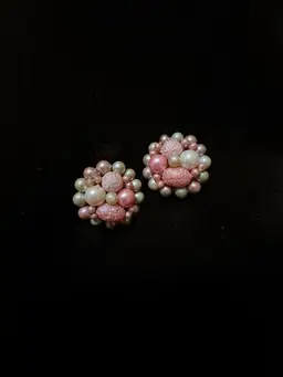 Vintage Japan silver-tone clip-on earrings featuring a cluster of pink beads and white faux pearls