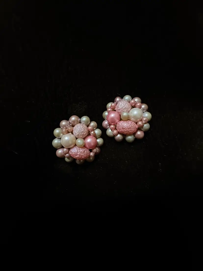 Vintage Japan silver-tone clip-on earrings featuring a cluster of pink beads and white faux pearls