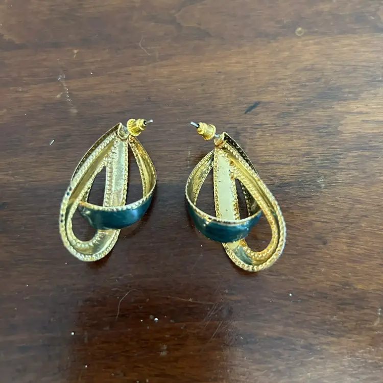 Gold Tone Teal Enamel Intertwined Teardrop Earrings