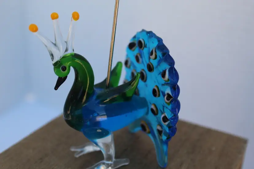 Blown Glass Miniature Peacock Note Photo Holder Blue Green Yellow