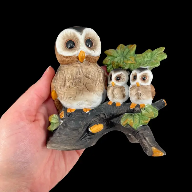 Ceramic Owls On Branch Figurine, Momma Owl And Two Baby Owls Ceramic Figurine
