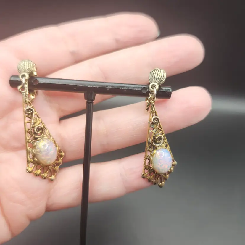Vintage Filigree Opal Drop Earrings