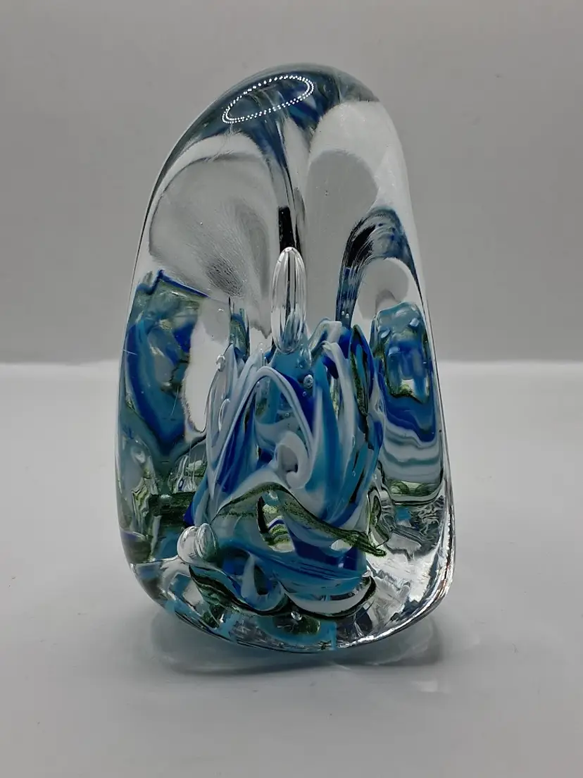 Vintage Amazing, Multi-Color Greens, Blues, White Air-Trap, Beth Miller Paperweight Sculpture, 1997
