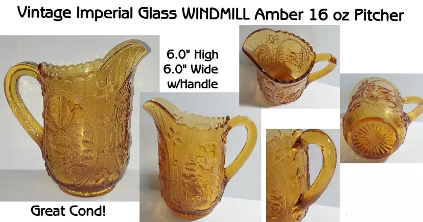 Vintage Imperial Glass Amber WINDMILL 16 oz Pitcher