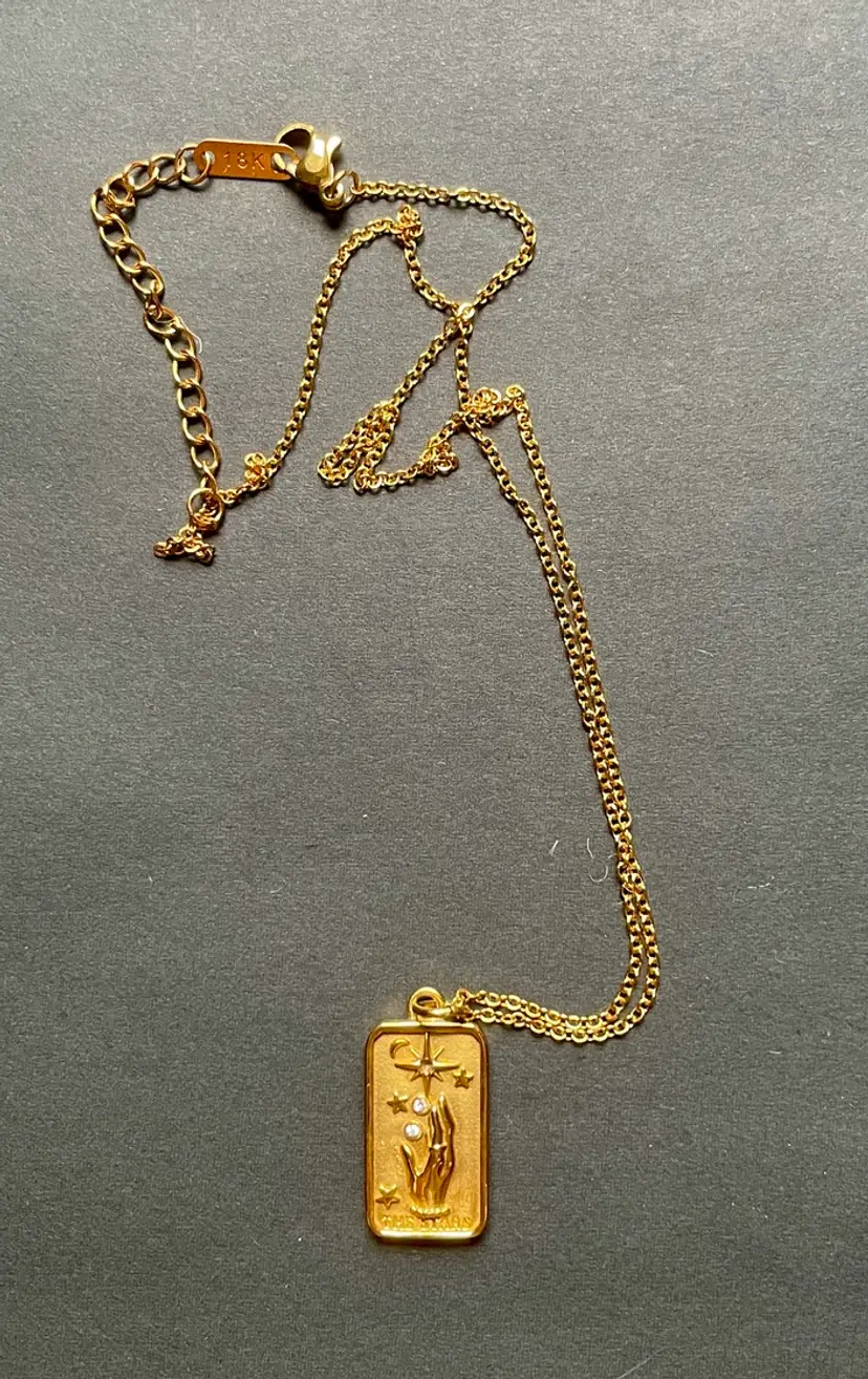 Gold Filled Rectangular Tarot Pendant Charm STARS with Cubic Zarconia Crystals Chain Marked 18K