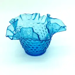 Vintage Fenton Blue Hobnail Glass Ruffled Bowl 6" Blue Art Glass Crimped Edge