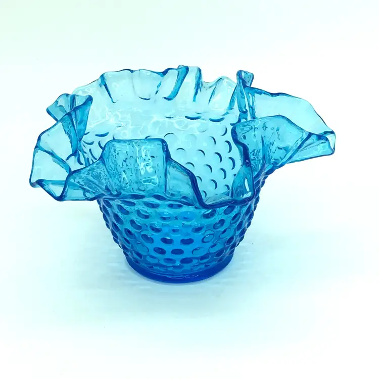 Vintage Fenton Blue Hobnail Glass Ruffled Bowl 6" Blue Art Glass Crimped Edge