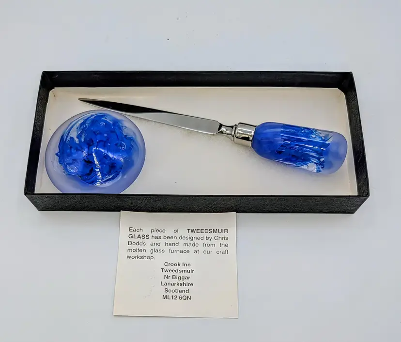 Tweedsmuir Glass Blue Letter Opener & Paperweight Set Scotland Boxed