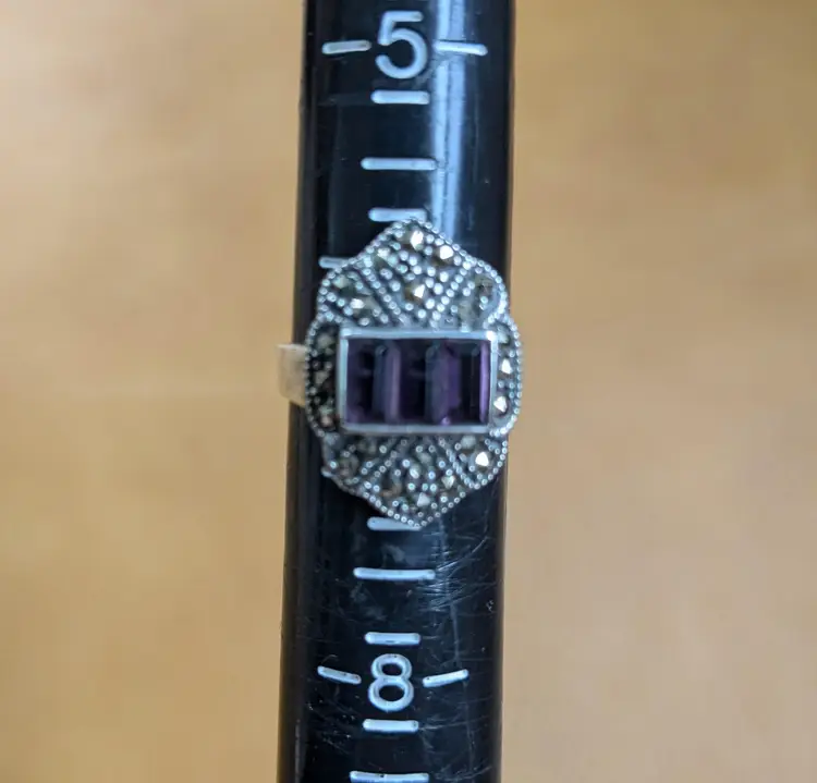 Vintage Art Deco Style Ring in Sterling Silver with Marcasite and Amethyst, Size 6.75