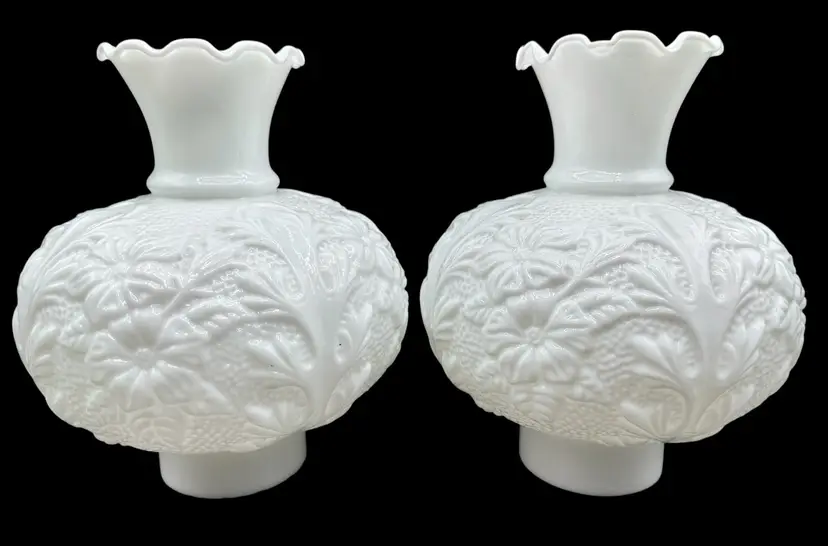 Set of 2 Vintage Fenton Milk Glass Electric Lamp Globe Shade White Poppy Flower
