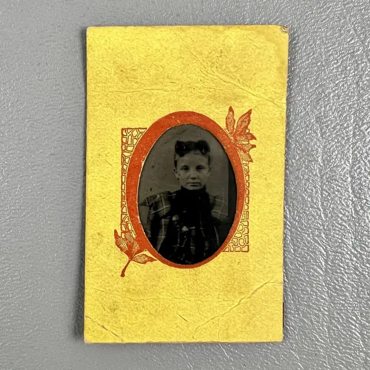 Antique Photo Portrait Tintype Child Little Girl Bow In Hair Plaid Dress