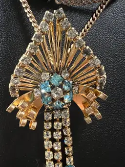 Vtg Deco 12K GF Blue Clear Rhinestone Brooch/Pendant W/Chain Dangles Signed M&S 20” Chain, Unmarked , Missing Pin Arm