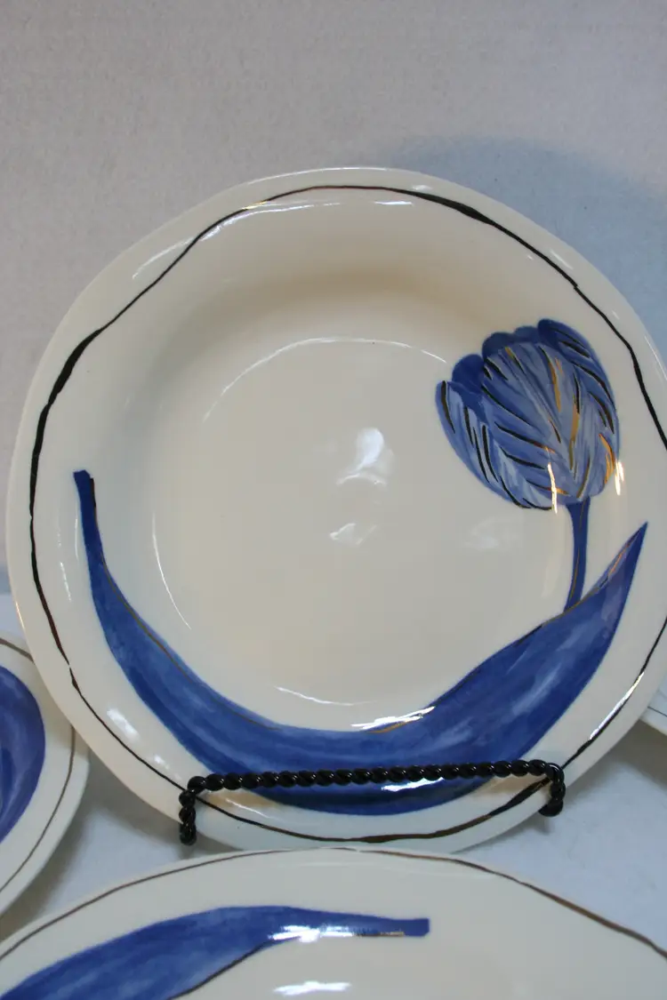 Anthropologie Tile Tile Testo Azure Blue Tulip Ceramic Dinner Plate Bowls Set-5