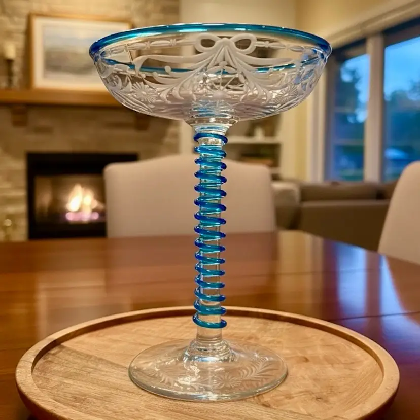 #13 Vintage Aqua-crest etched glass compote, spiral stem 7” tall