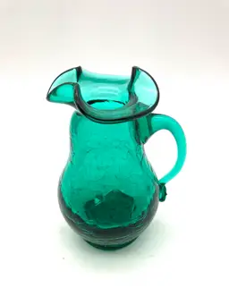 13- Vintage Teal Green Hand Blown Crackle Glass Applied Handle 4” Pitcher Bud Vase