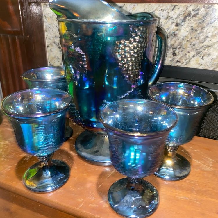 Blue carnival water set. pitcher and 4 glasses