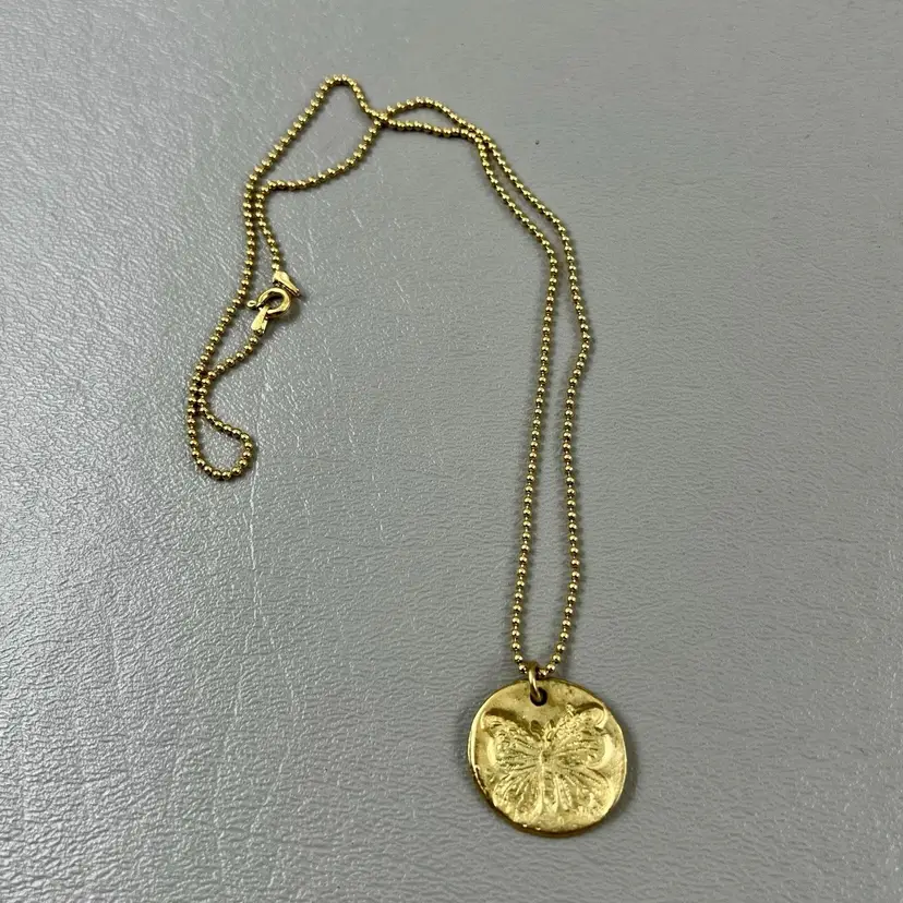 Stamped Butterfly Believe Pendant Gold Tone Necklace 9" Chain Marked Italy 925