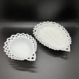 Vintage Lot 2 Westmoreland White Milk Glass Lace Edge Shell Dish Candy Trinket