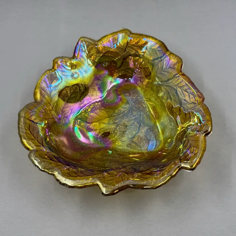 Indiana Glass amber carnival glass blackberry leaf dish