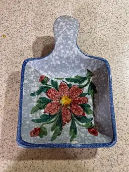 Vintage Hand-Painted Italian Ceramic Sponge Holder or Spoon Rest with Floral Design