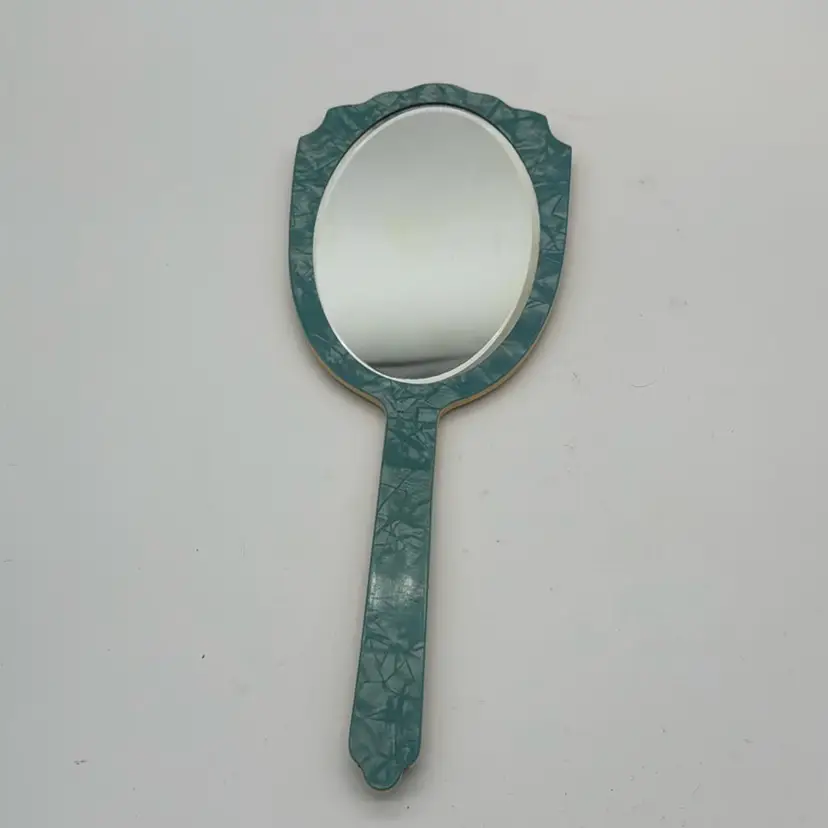 Mirror - Art Deco Pearlized Green Bakelite / Celluloid Beveled Glass Decorated Hand Mirror 12” L