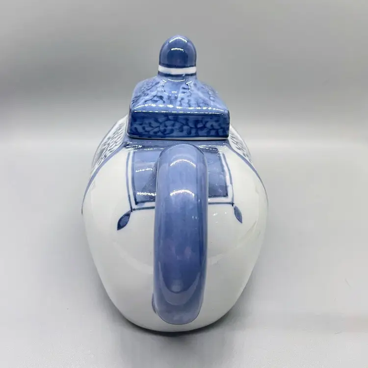 Vintage Pier 1 Imports Stoneware Ceramic Elephant Tea Pot Blue White Trunks Up