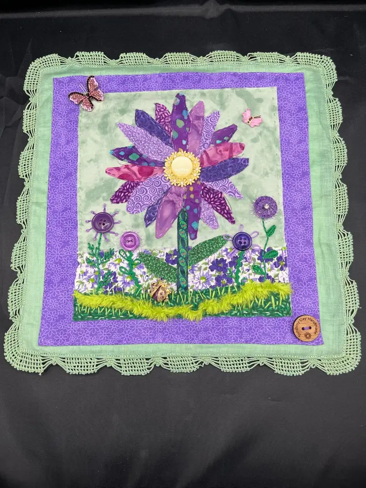 Made By Me Fabric Collage “Purple Flowers” 12”x12” (shadowbox frame can be included)