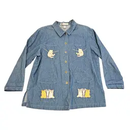 Vintage Passion Shirt Women Large Blue Denim Button Up Kitten Cat Embroidered