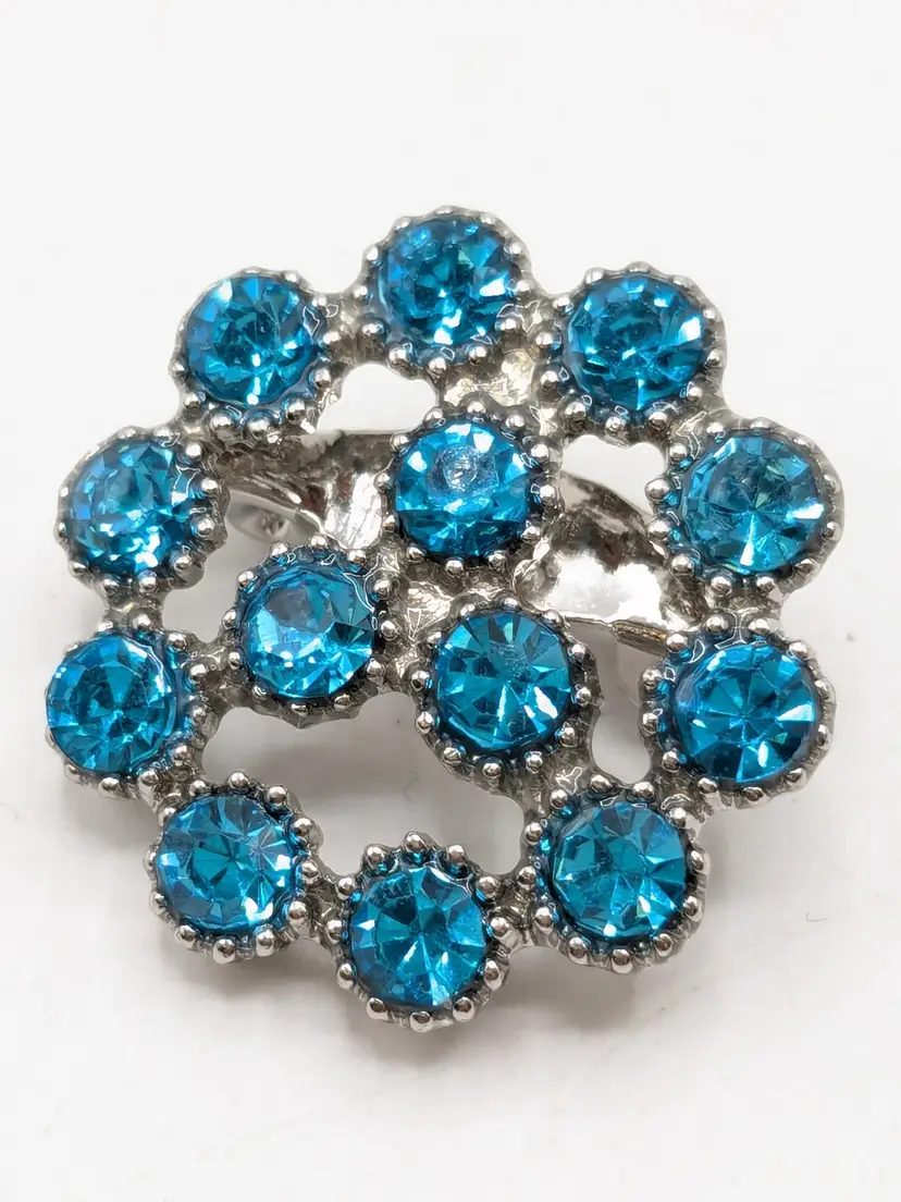 Blue Rhinestones Round Brooch Pin Silver Tone