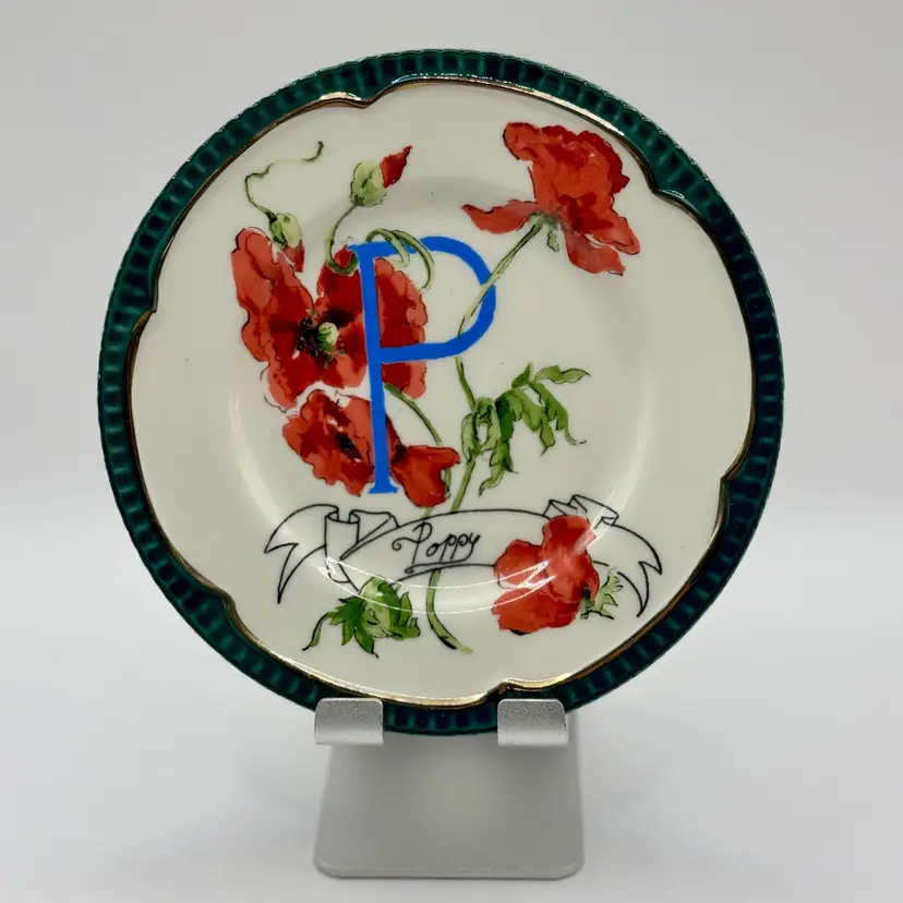 Vintage Hand Painted Poppy Floral Saucer, Initial 'P' Monogram, Green Trim, Porcelain Collectible, By Eyewanderer For Anthropologie, Made In Portugal