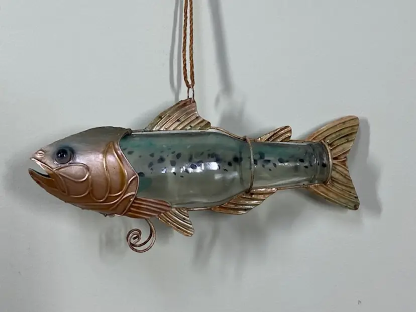Vtg Glass Bottle and Metal Hand Painted 9" Trout Made in Philippines Decorative