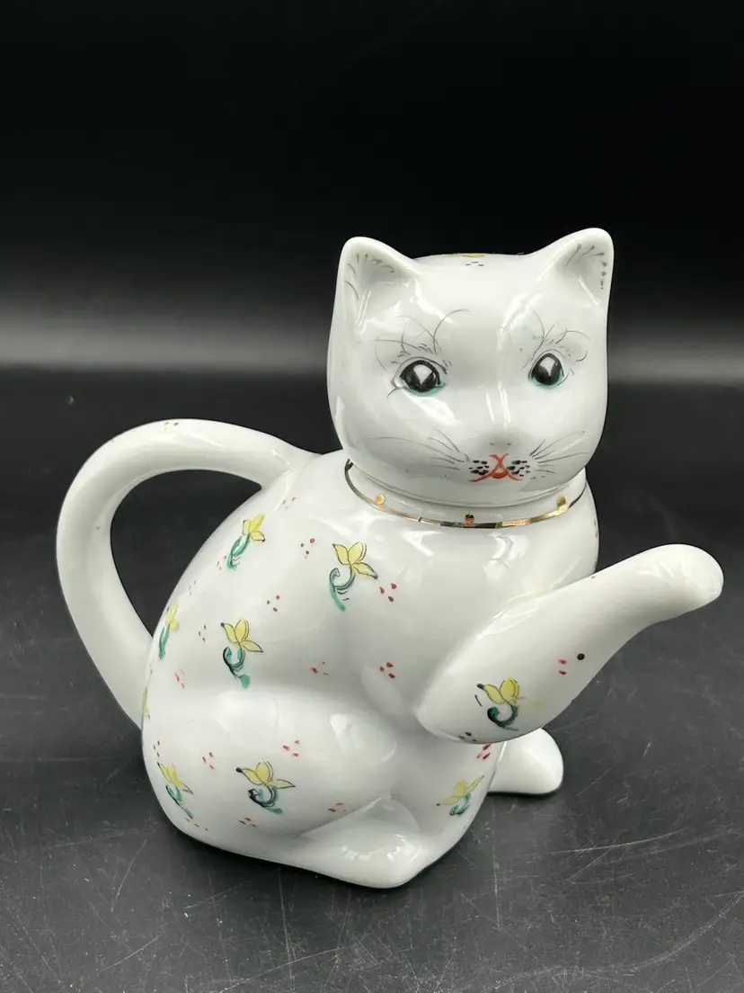 Vintage Porcelain, Lucky, Cat Teapot With Gold Collar, Green, Yellow And Red Florals