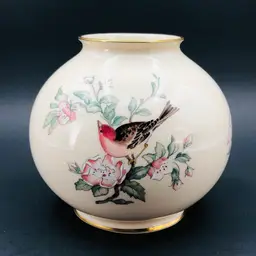Vintage LENOX USA "Serenade" Porcelain Rose Bowl Vase: House Finch Bird - Gold Paint