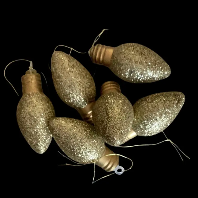 6 Gold Glitter Plastic Faux Bulbs For Tree Or Decor