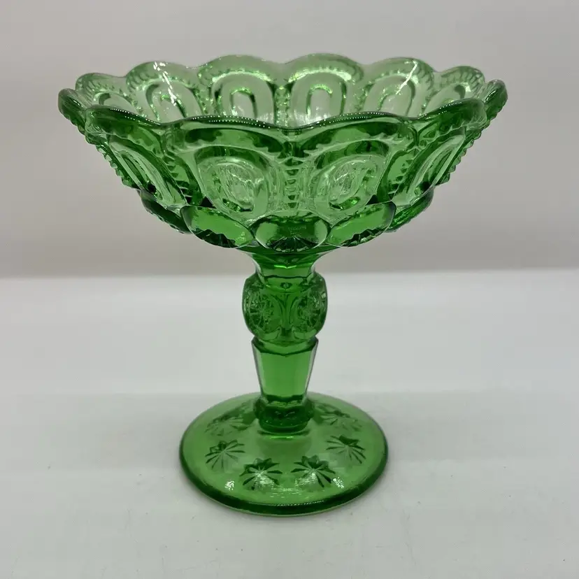 Fenton LG Wright Moon and Stars Green Glass 5.75" Open Jelly Compote
