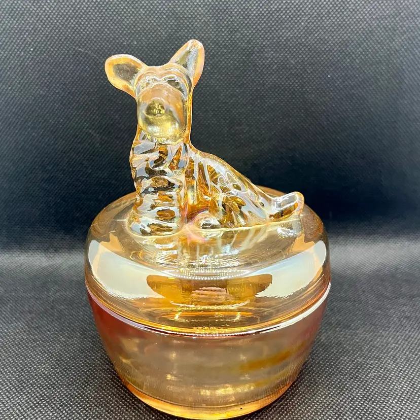 Vintage Jeannette Glass Scotty Dog trinket dish powder jar marigold iridescent carnival glass